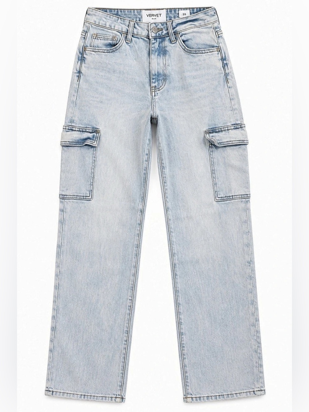 Vervet 90s High Rise Cargo Straight Jeans 25 Light Wash Utility Denim